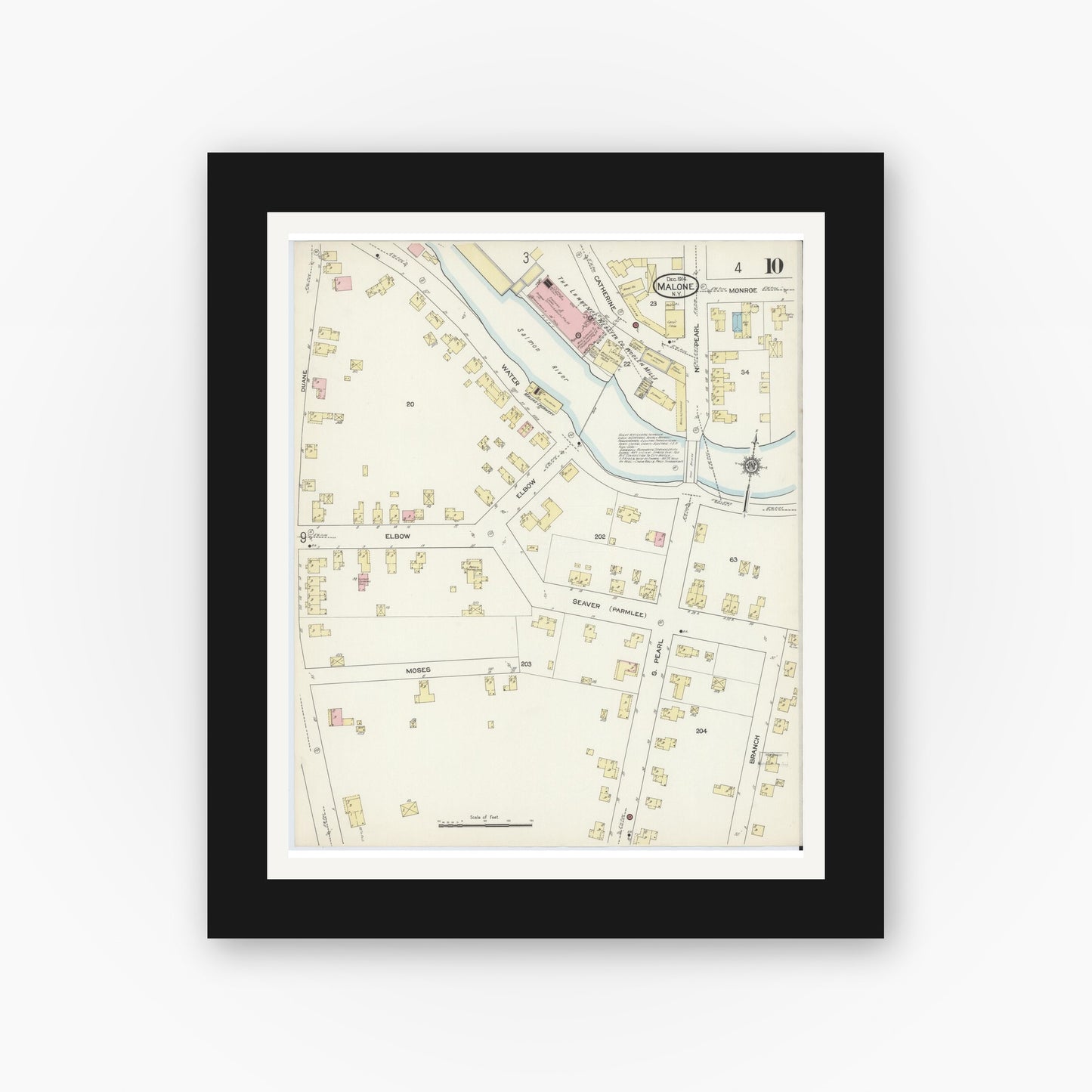 Old map wall art mockup — black gallery frame with white mat — Sanborn Fire Insurance Map from Malone, Franklin County, New York (1914), Sheet #0010