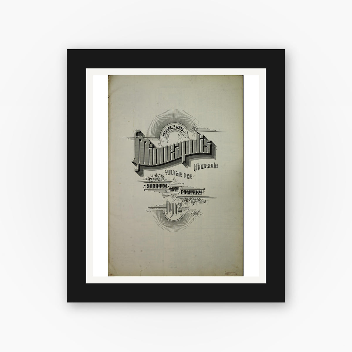 Old map wall art mockup — black gallery frame with white mat — Sanborn Fire Insurance Map from Minneapolis, Hennepin County, Minnesota (1912), Sheet #0001