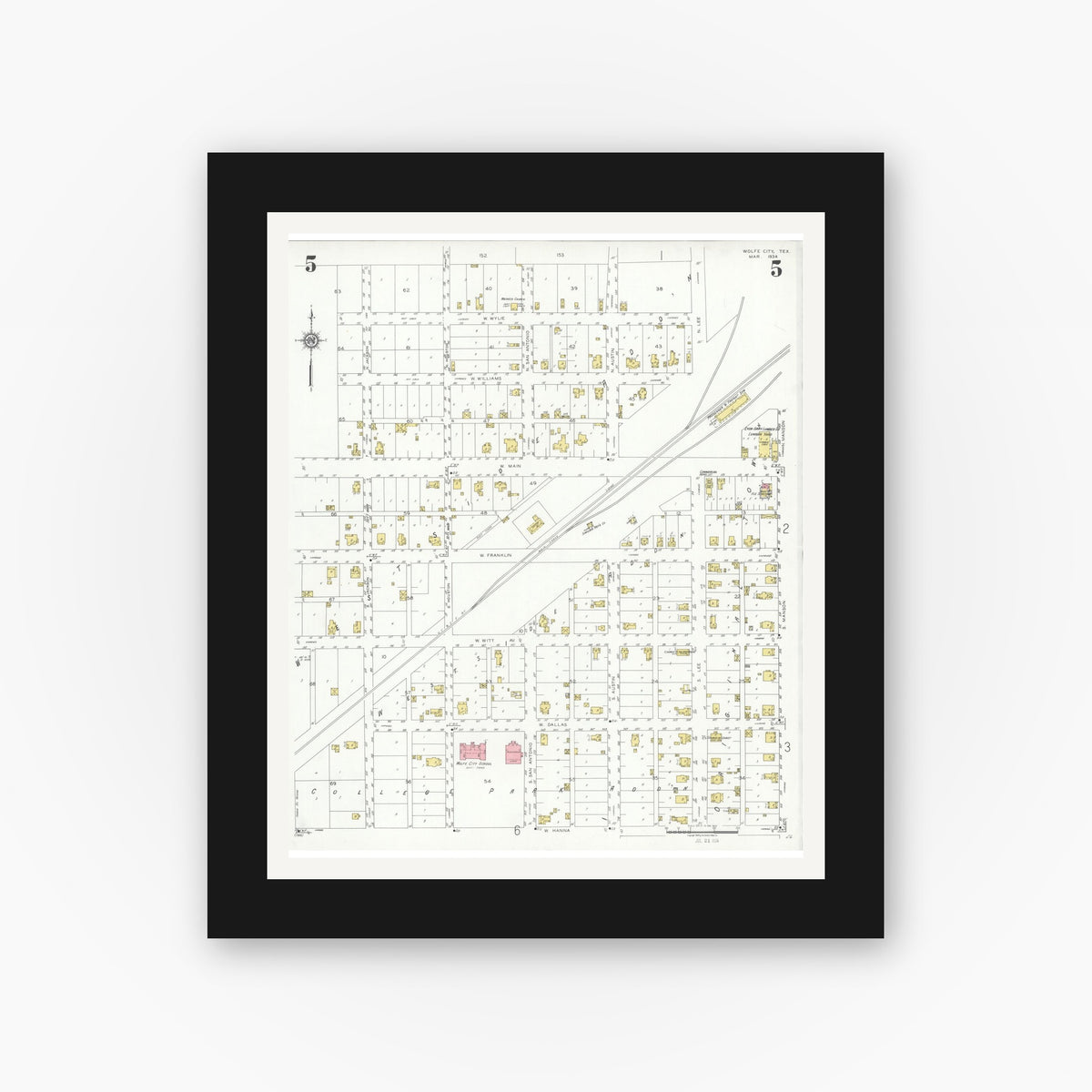 Old map wall art mockup — black gallery frame with white mat — Sanborn Fire Insurance Map from Wolfe City, Hunt County, Texas (1934), Sheet #0005