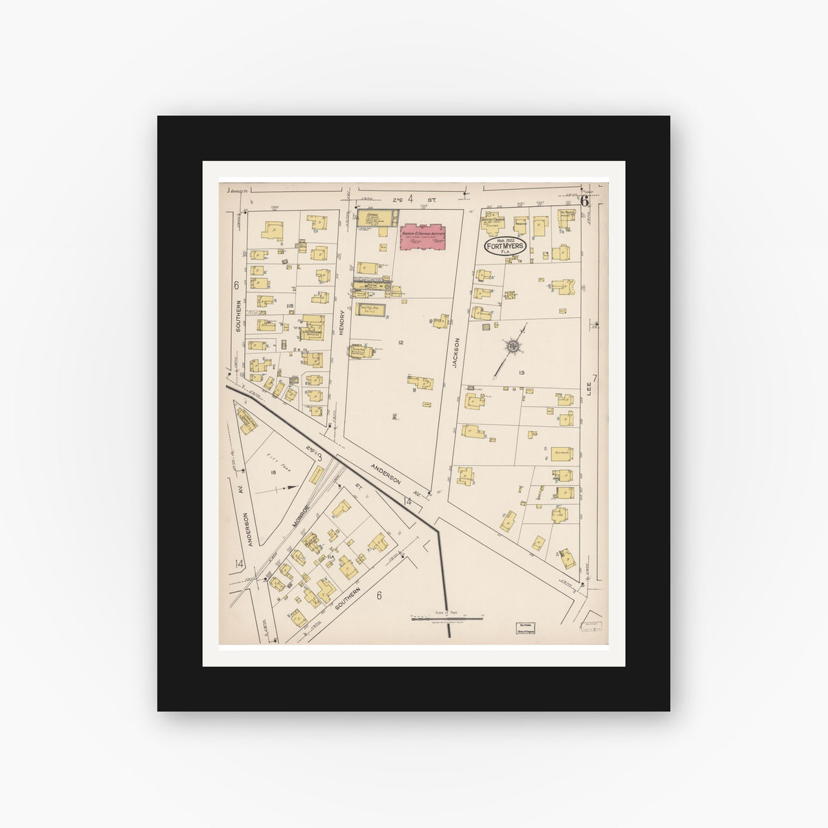 Old map wall art mockup — black gallery frame with white mat — Sanborn Fire Insurance Map from Fort Myers, Lee County, Florida (1922), Sheet #0006