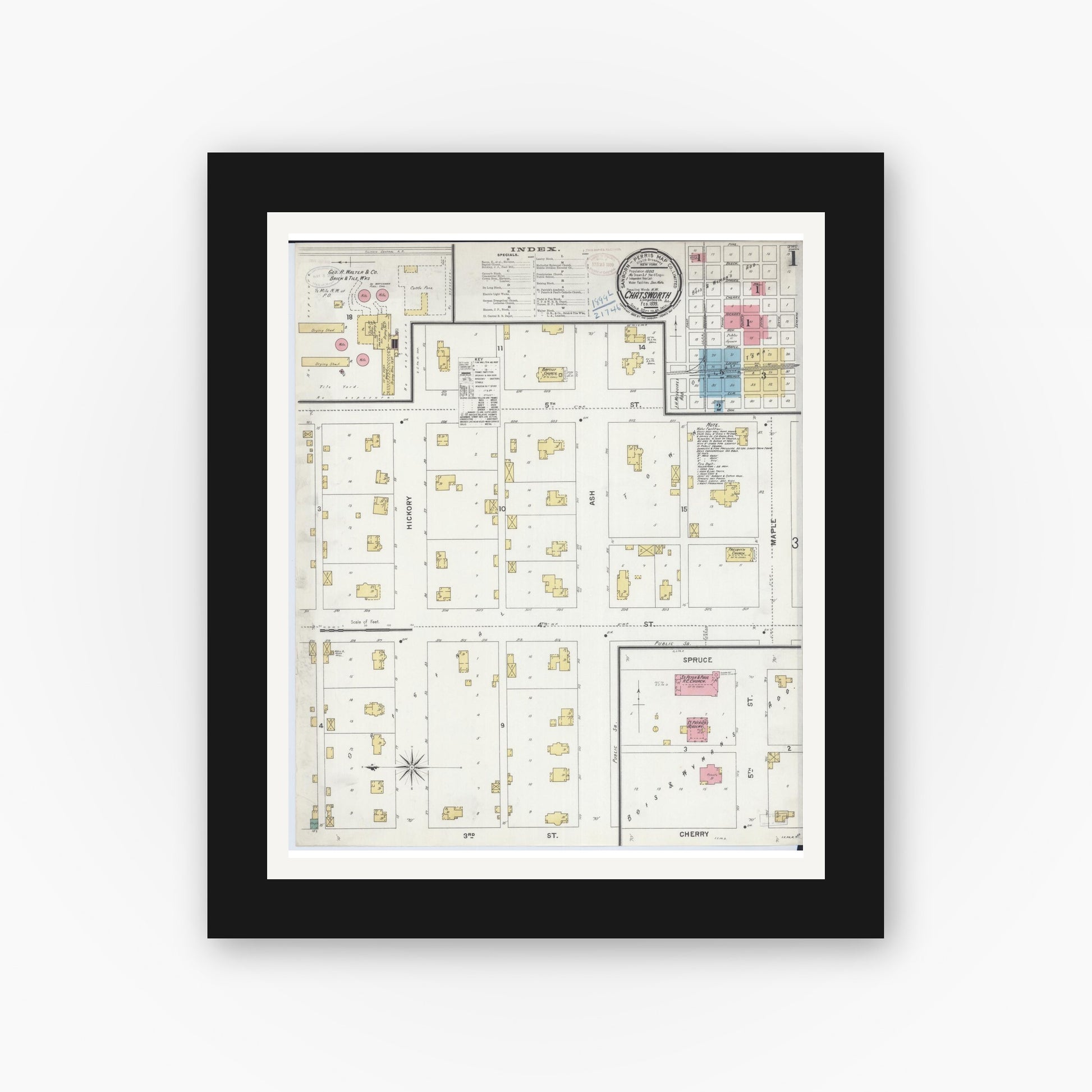 Old map wall art mockup — black gallery frame with white mat — Sanborn Fire Insurance Map from Chatsworth, Livingston County, Illinois (1899), Sheet #0001