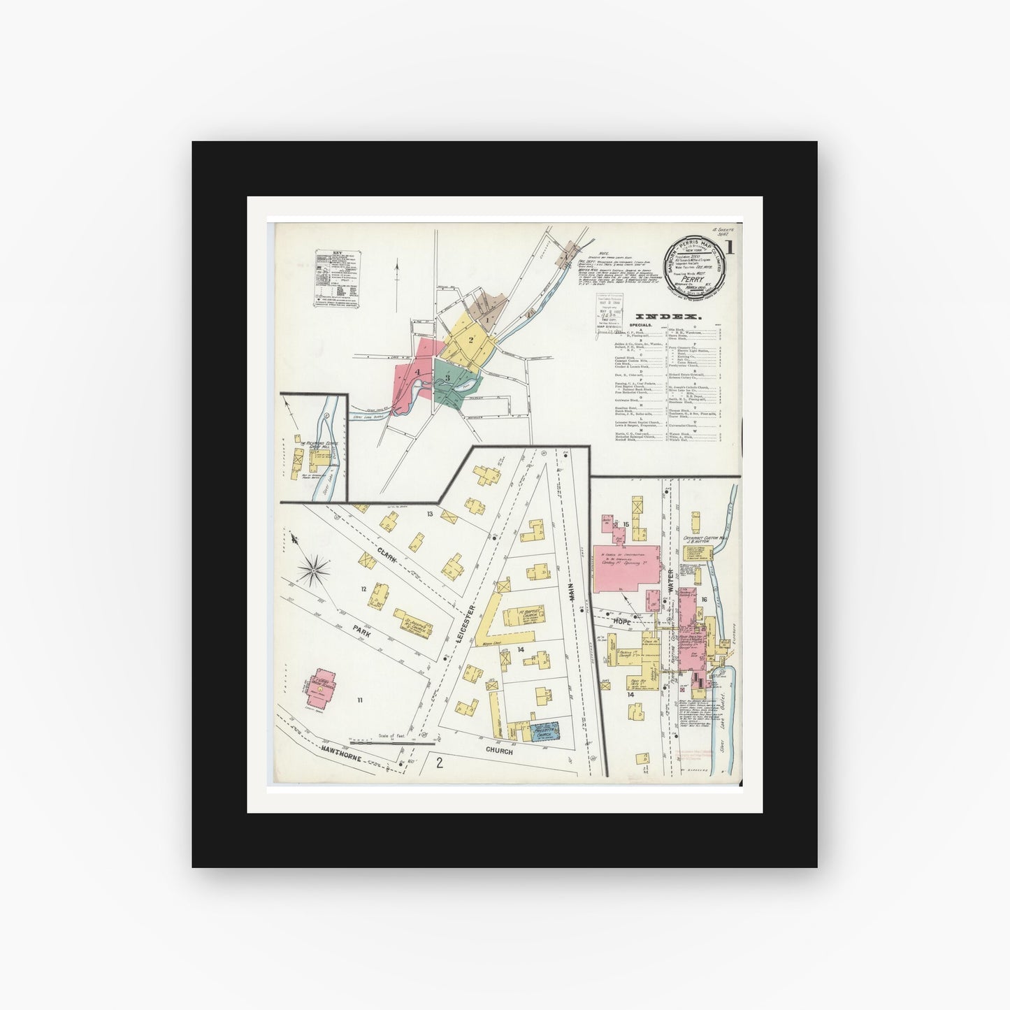 Old map wall art mockup — black gallery frame with white mat — Sanborn Fire Insurance Map from Perry, Wyoming County, New York (1900) - Complete Map Set