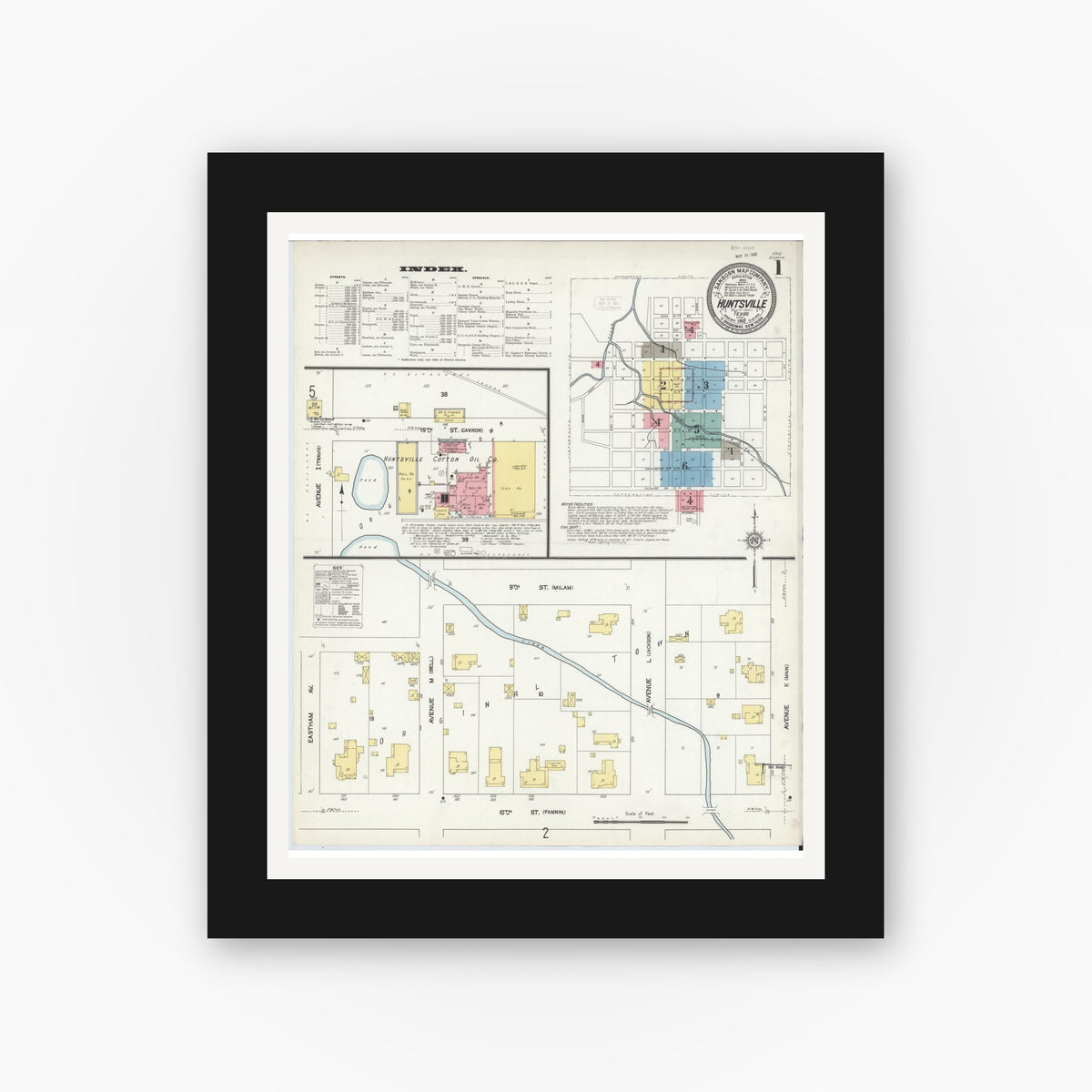 Old map wall art mockup — black gallery frame with white mat — Sanborn Fire Insurance Map from Huntsville, Walker County, Texas (1912) - Complete Map Set