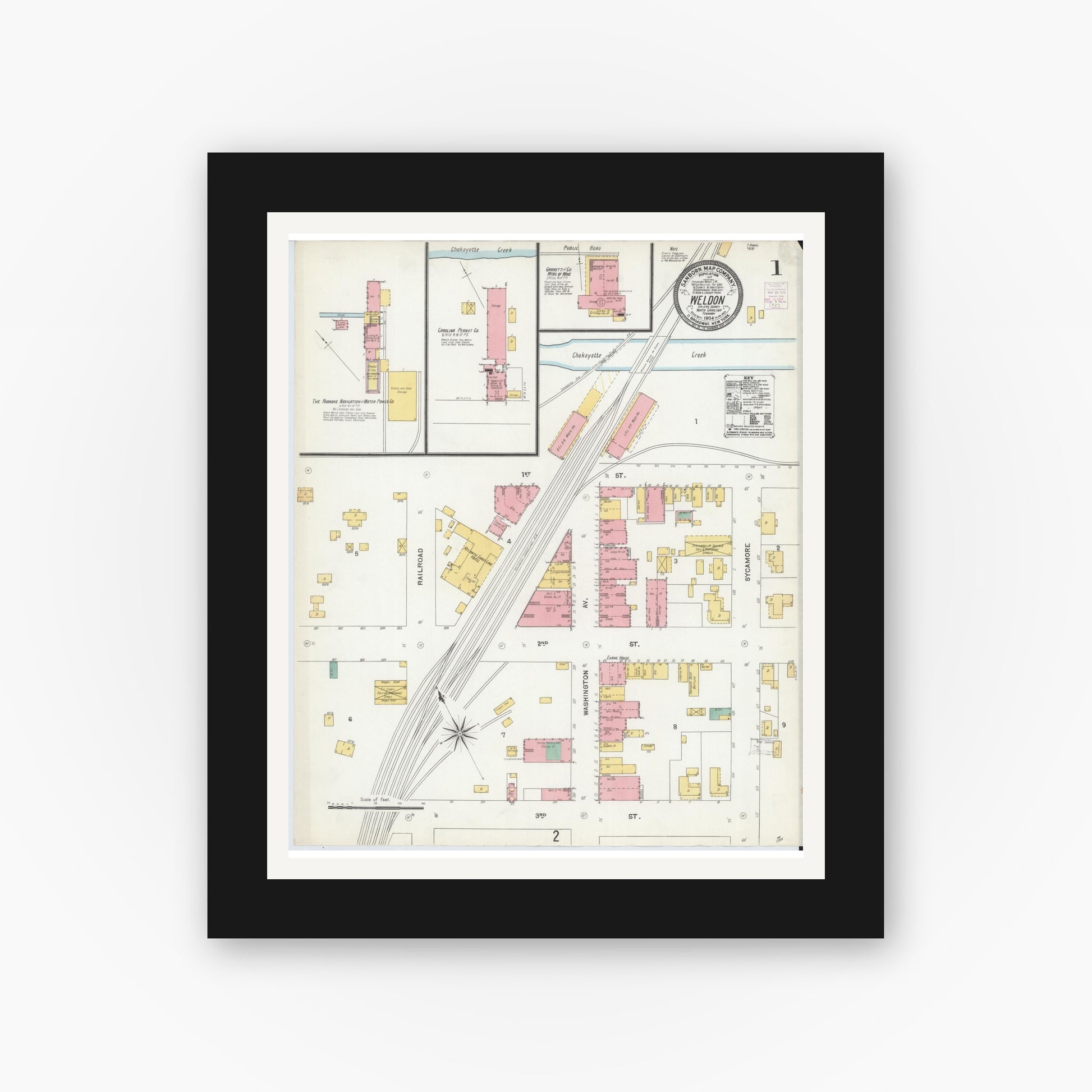 Old map wall art mockup — black gallery frame with white mat — Sanborn Fire Insurance Map from Weldon, Halifax County, North Carolina (1904) - Complete Map Set