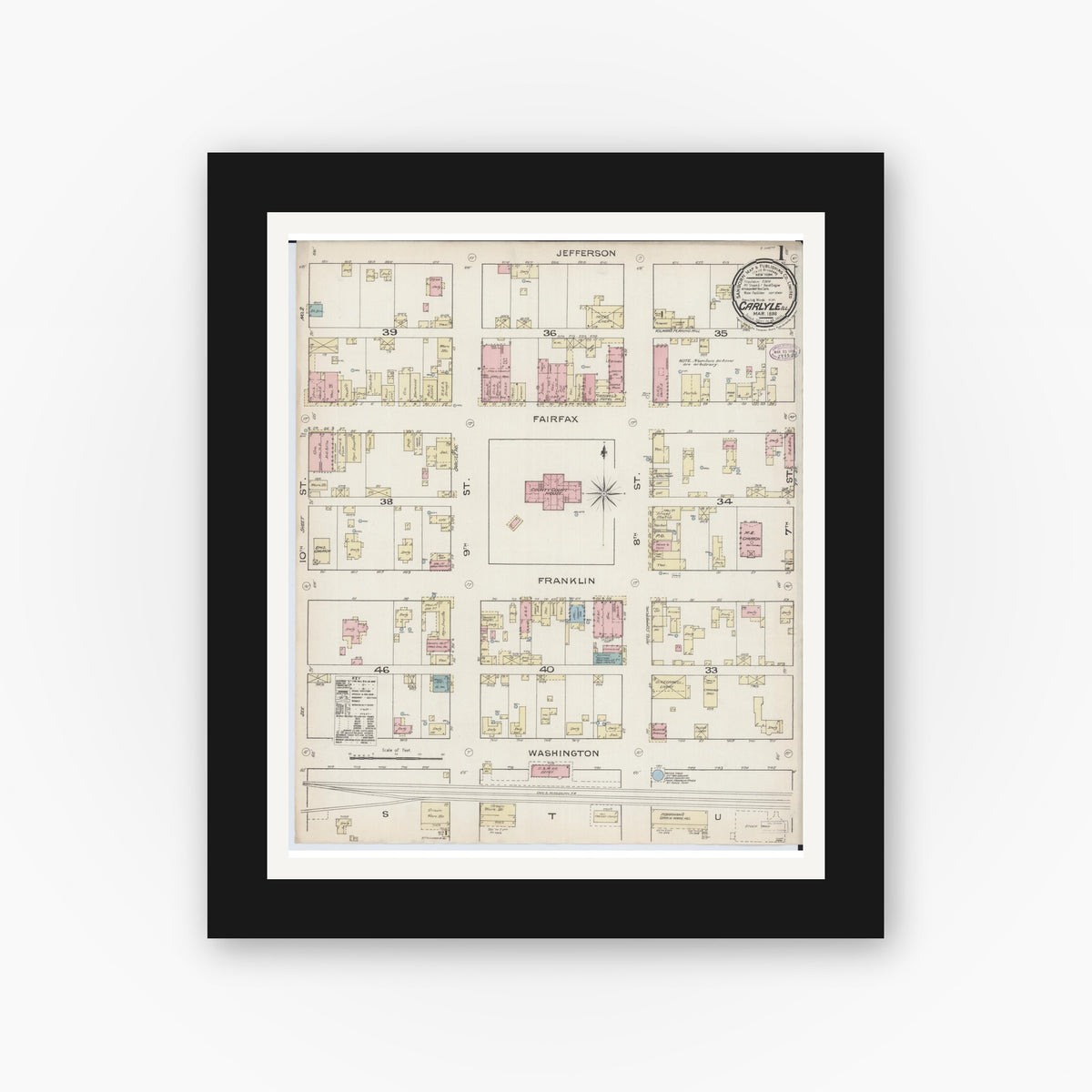 Old map wall art mockup — black gallery frame with white mat — Sanborn Fire Insurance Map from Carlyle, Clinton County, Illinois (1886) - Complete Map Set