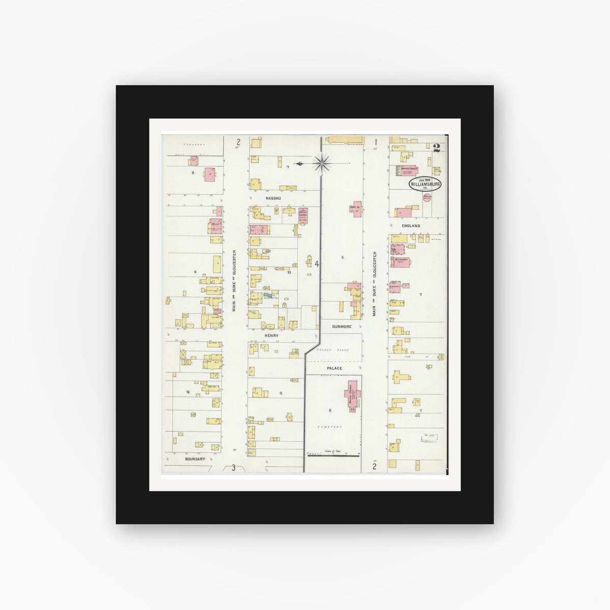 Old map wall art mockup — black gallery frame with white mat — Sanborn Fire Insurance Map from Williamsburg, Independent Cities, Virginia (1904), Sheet #0002