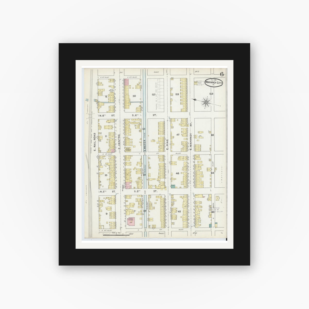 Old map wall art mockup — black gallery frame with white mat — Sanborn Fire Insurance Map from Mahanoy City, Schuylkill County, Pennsylvania (1891), Sheet #0006
