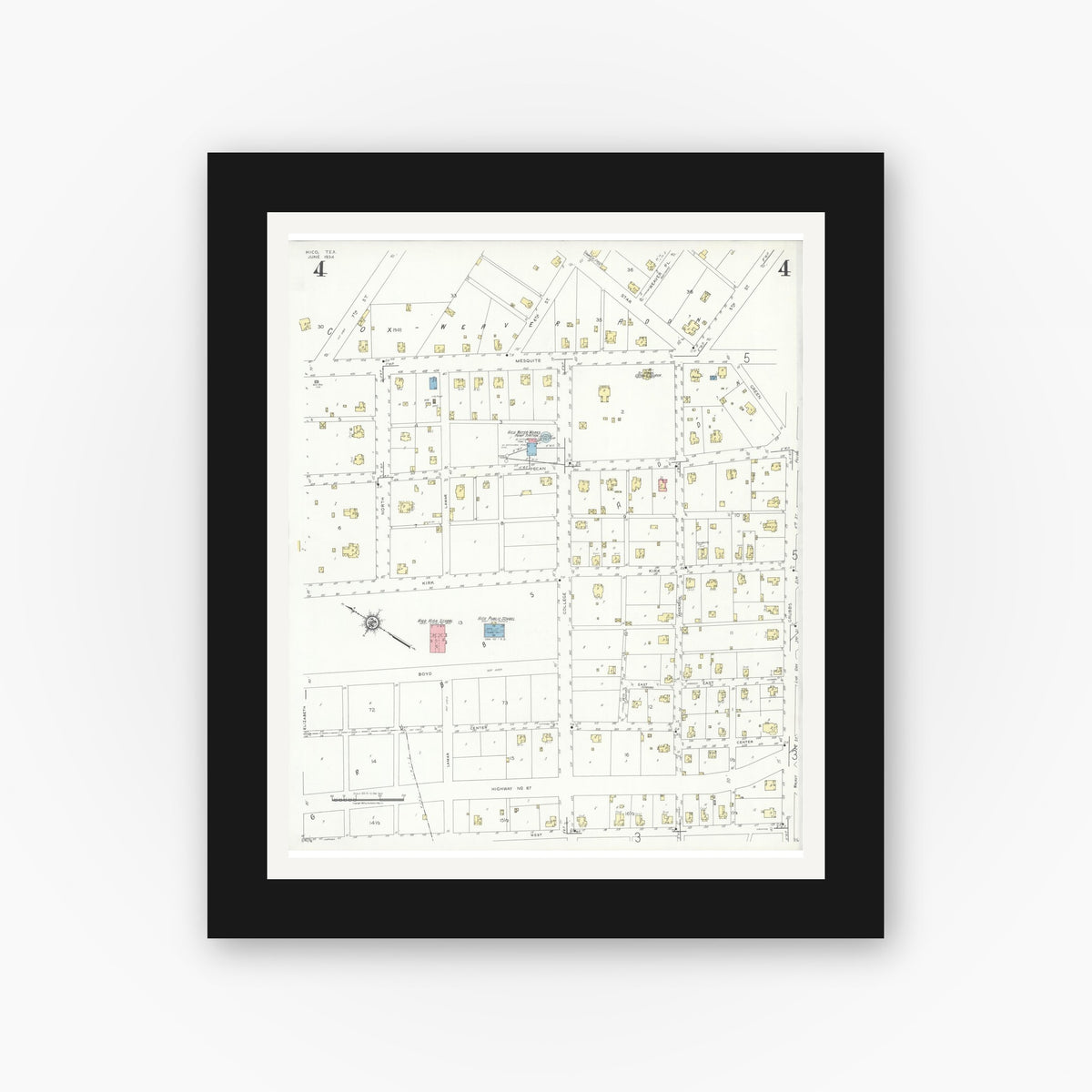 Old map wall art mockup — black gallery frame with white mat — Sanborn Fire Insurance Map from Hico, Hamilton County, Texas (1934), Sheet #0004