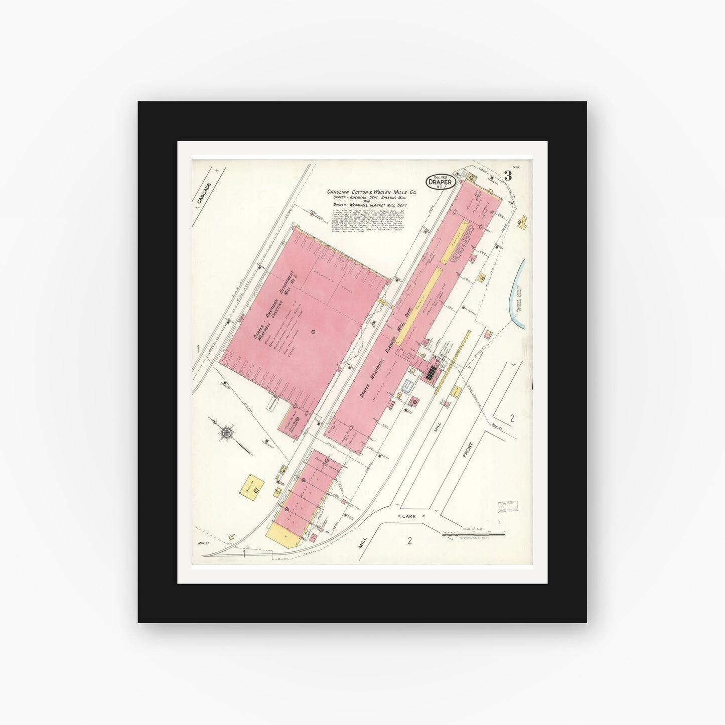 Old map wall art mockup — black gallery frame with white mat — Sanborn Fire Insurance Map from Draper, Rockingham County, North Carolina (1921), Sheet #0003