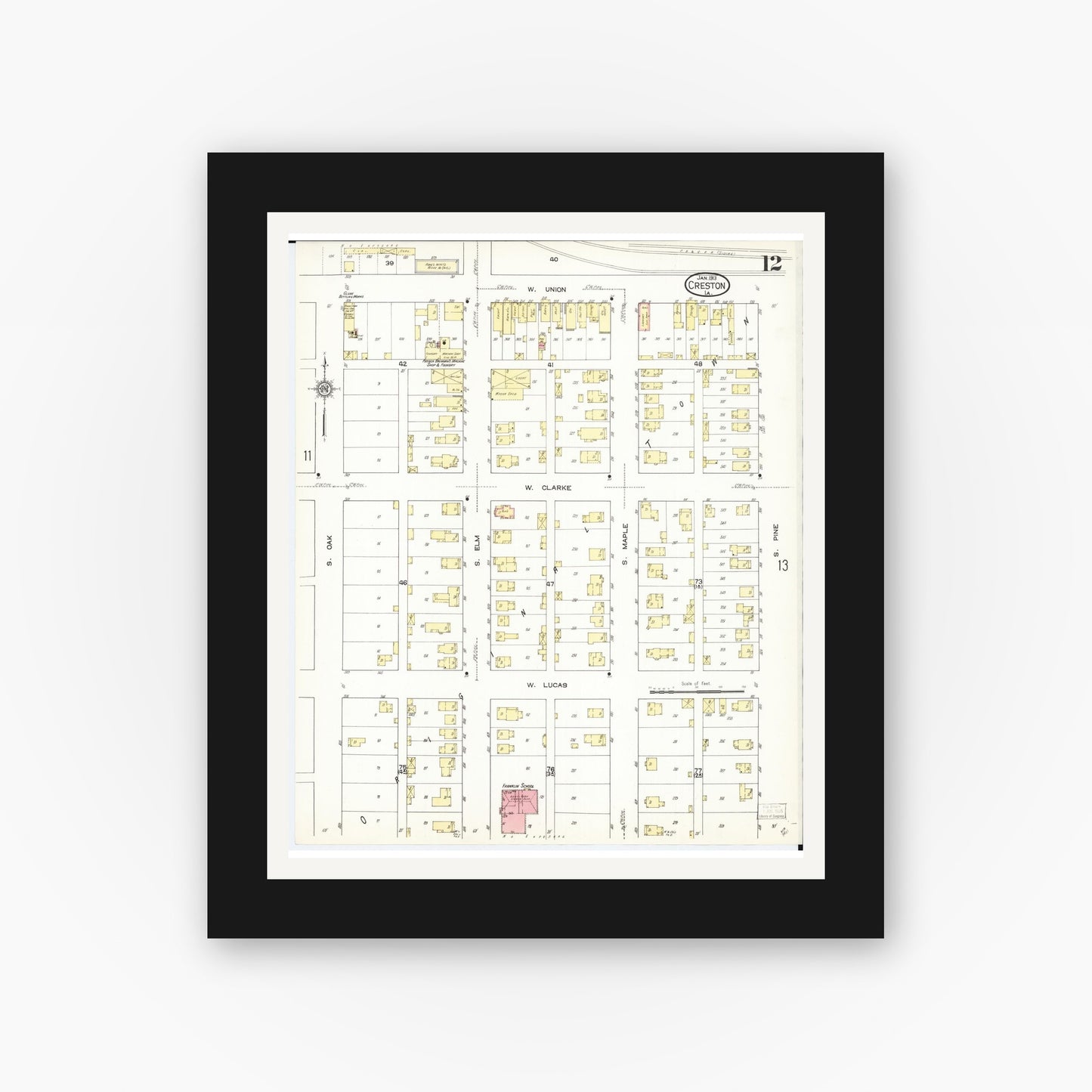 Old map wall art mockup — black gallery frame with white mat — Sanborn Fire Insurance Map from Creston, Union County, Iowa (1913), Sheet #0012