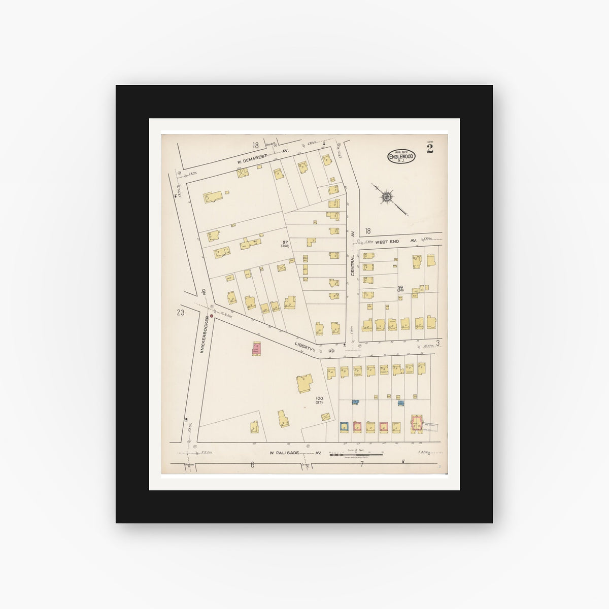 Old map wall art mockup — black gallery frame with white mat — Sanborn Fire Insurance Map from Englewood, Bergen County, New Jersey (1922), Sheet #0002