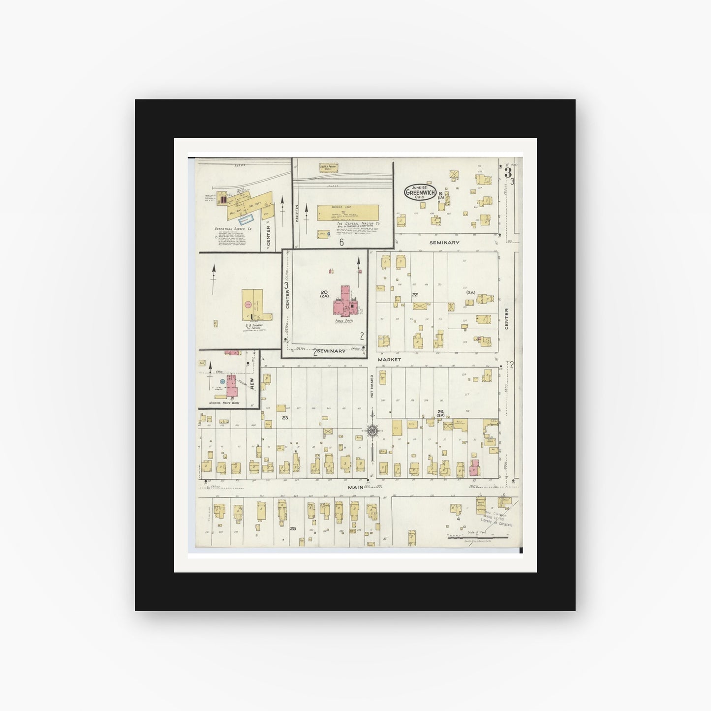 Old map wall art mockup — black gallery frame with white mat — Sanborn Fire Insurance Map from Greenwich, Huron County, Ohio (1921), Sheet #0003