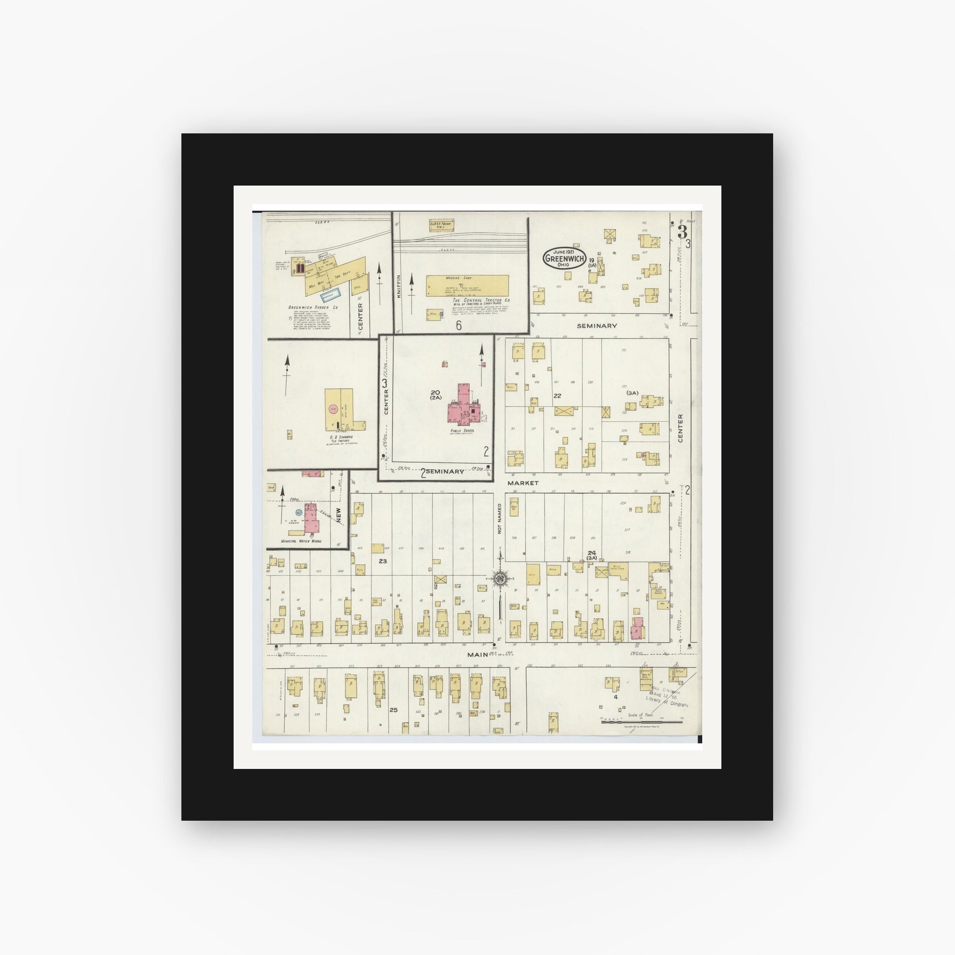 Old map wall art mockup — black gallery frame with white mat — Sanborn Fire Insurance Map from Greenwich, Huron County, Ohio (1921), Sheet #0003