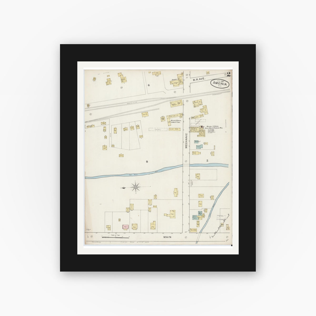 Old map wall art mockup — black gallery frame with white mat — Sanborn Fire Insurance Map from Amenia, Dutchess County, New York (1887), Sheet #0002