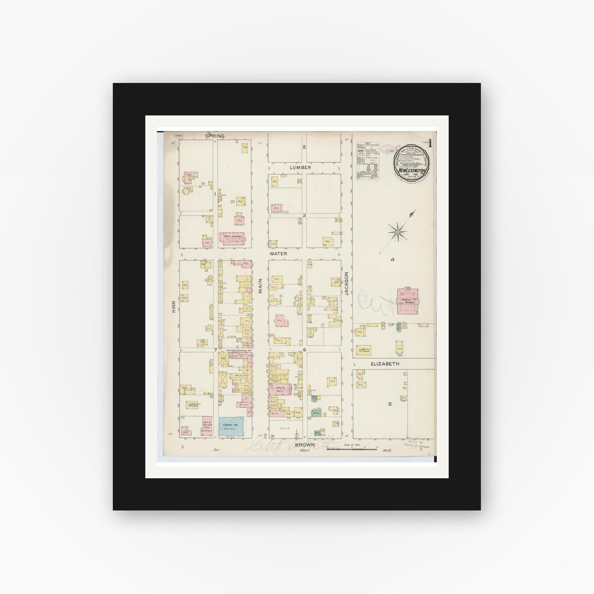 Old map wall art mockup — black gallery frame with white mat — Sanborn Fire Insurance Map from New Lexington, Perry County, Ohio (1887), Sheet #0001