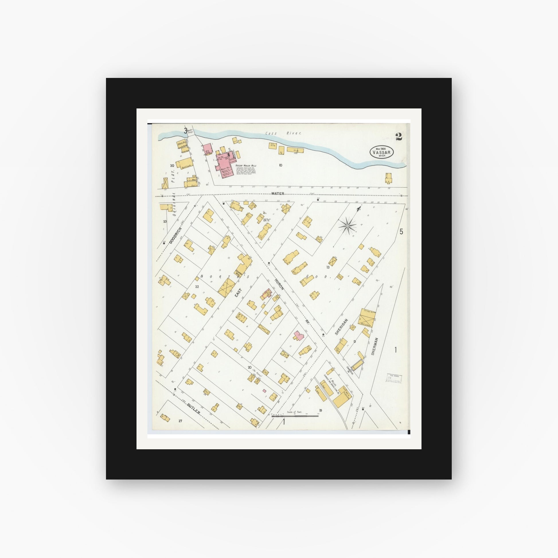 Old map wall art mockup — black gallery frame with white mat — Sanborn Fire Insurance Map from Vassar, Tuscola County, Michigan (1900), Sheet #0002