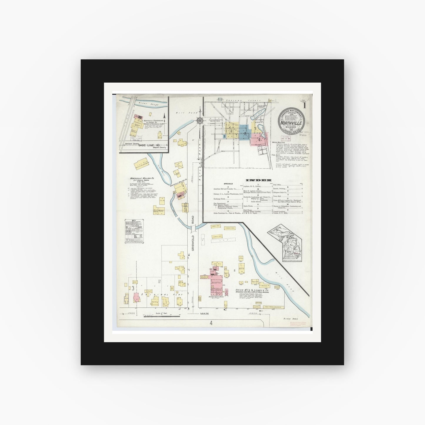 Old map wall art mockup — black gallery frame with white mat — Sanborn Fire Insurance Map from Northville, Wayne County, Michigan (1914) - Complete Map Set