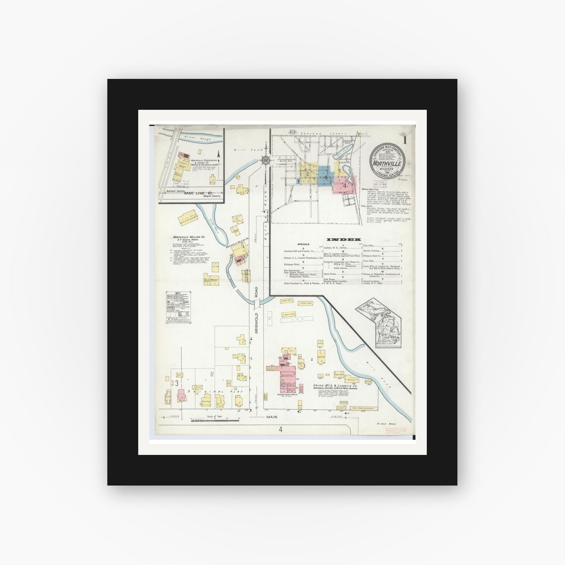 Old map wall art mockup — black gallery frame with white mat — Sanborn Fire Insurance Map from Northville, Wayne County, Michigan (1914) - Complete Map Set