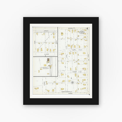 Old map wall art mockup — black gallery frame with white mat — Sanborn Fire Insurance Map from Virden, Macoupin County, Illinois (1900), Sheet #0004