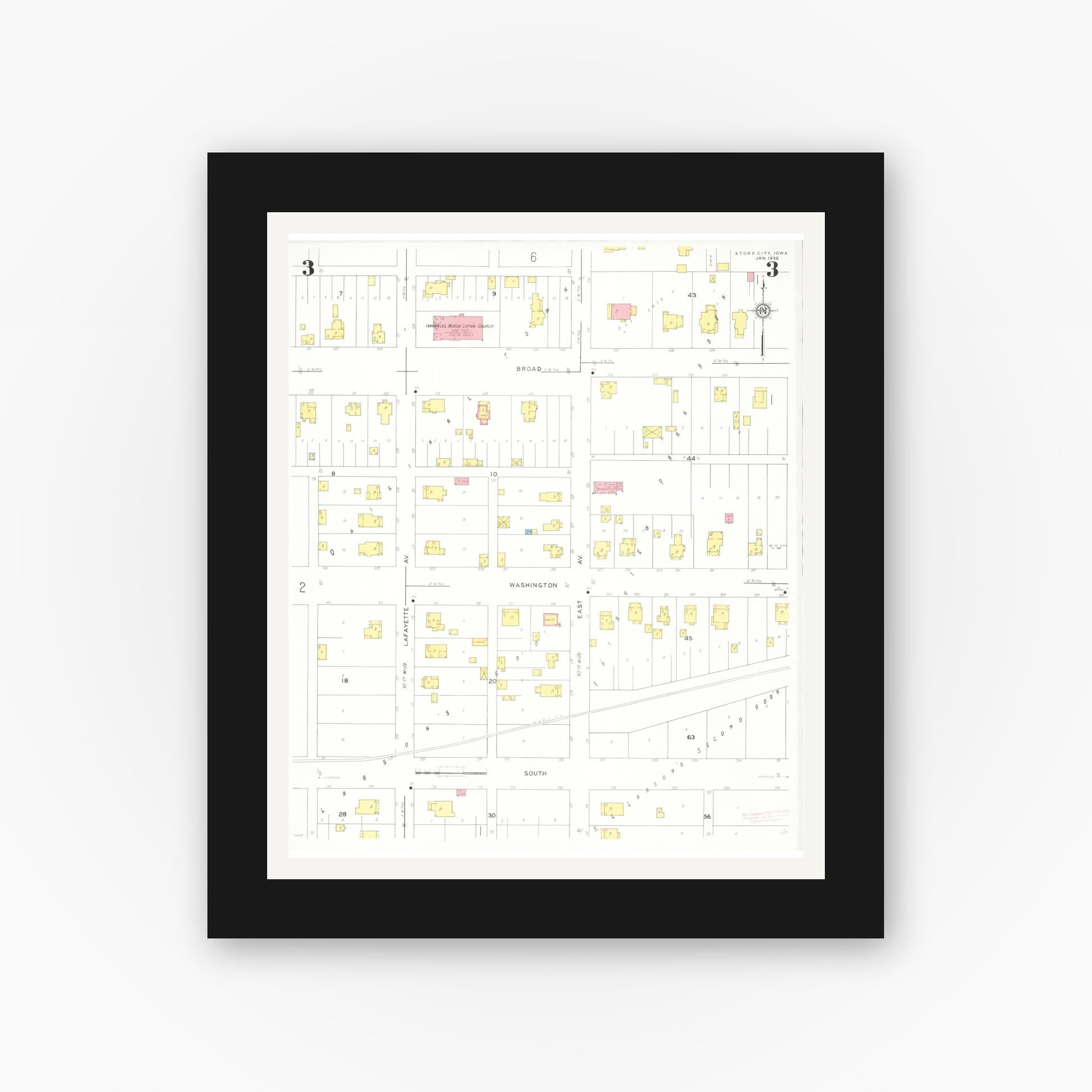 Old map wall art mockup — black gallery frame with white mat — Sanborn Fire Insurance Map from Story City, Story County, Iowa (1932), Sheet #0003