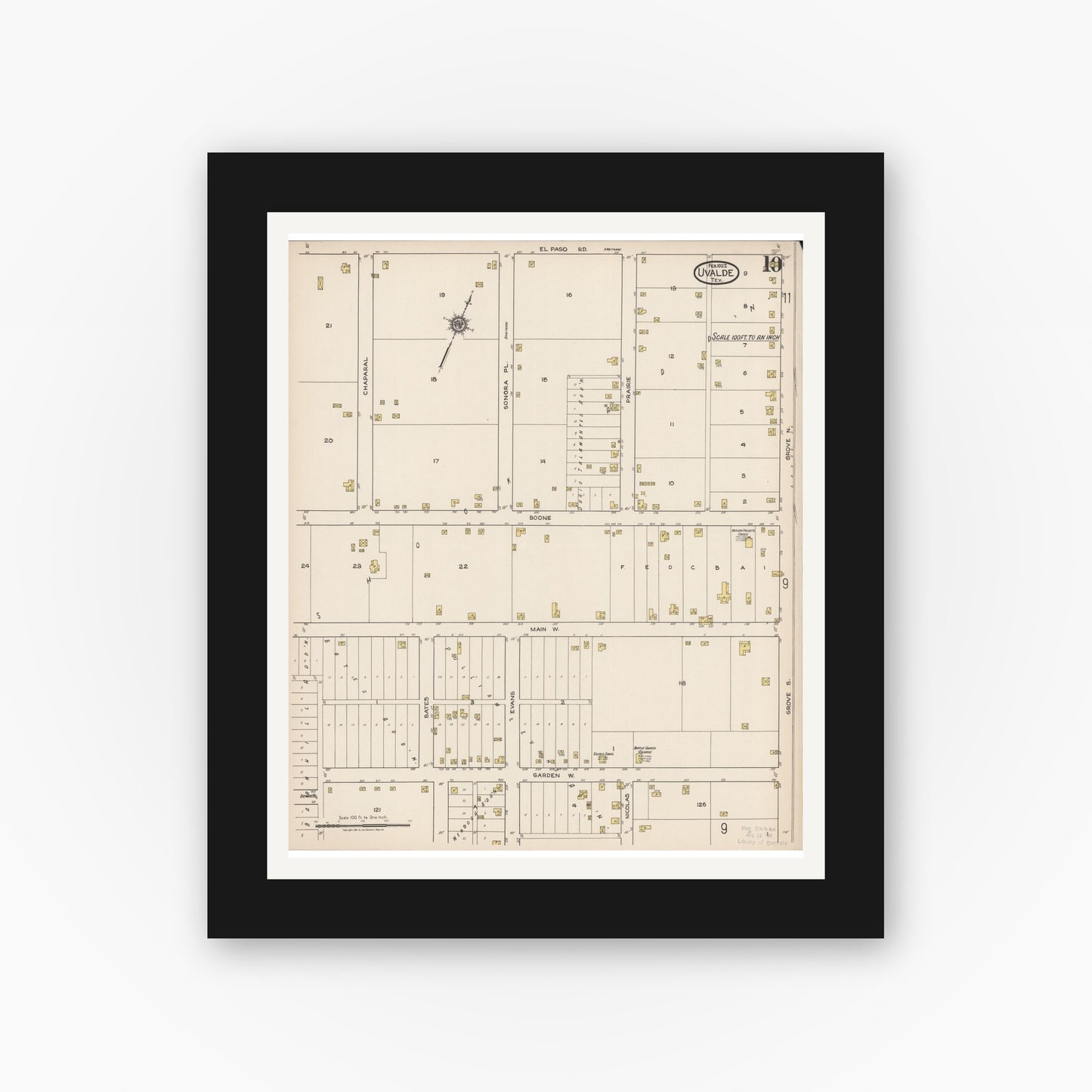 Old map wall art mockup — black gallery frame with white mat — Sanborn Fire Insurance Map from Uvalde, Uvalde County, Texas (1922), Sheet #0010