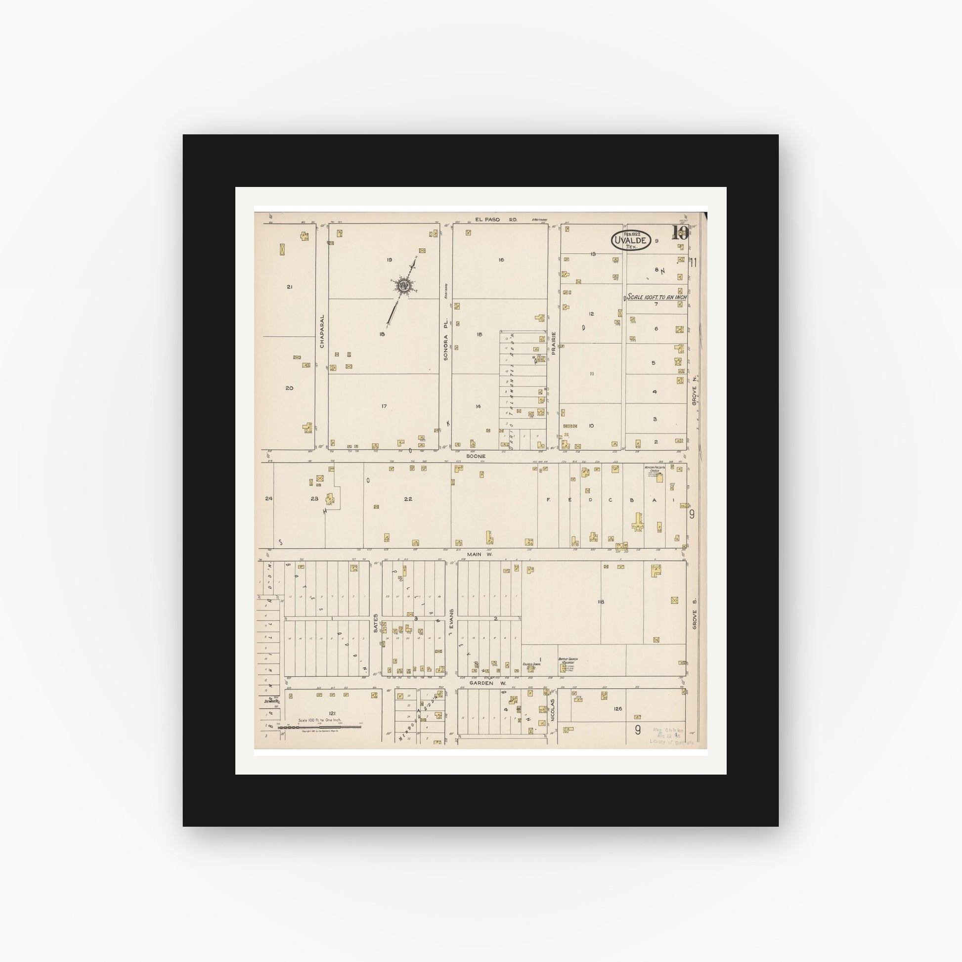 Old map wall art mockup — black gallery frame with white mat — Sanborn Fire Insurance Map from Uvalde, Uvalde County, Texas (1922), Sheet #0010