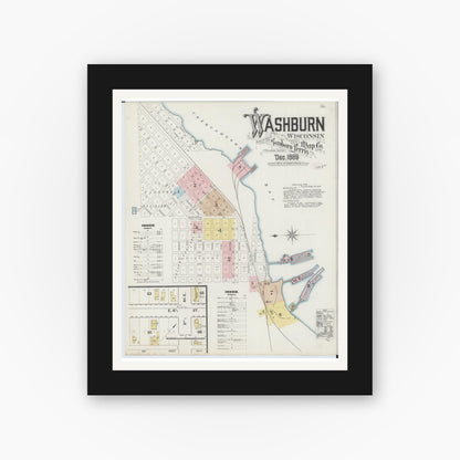 Old map wall art mockup — black gallery frame with white mat — Sanborn Fire Insurance Map from Washburn, Bayfield County, Wisconsin (1889), Sheet #0001