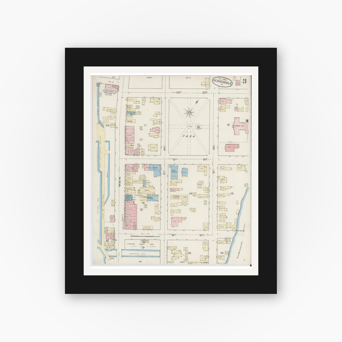 Old map wall art mockup — black gallery frame with white mat — Sanborn Fire Insurance Map from Honesdale, Wayne County, Pennsylvania (1885), Sheet #0003