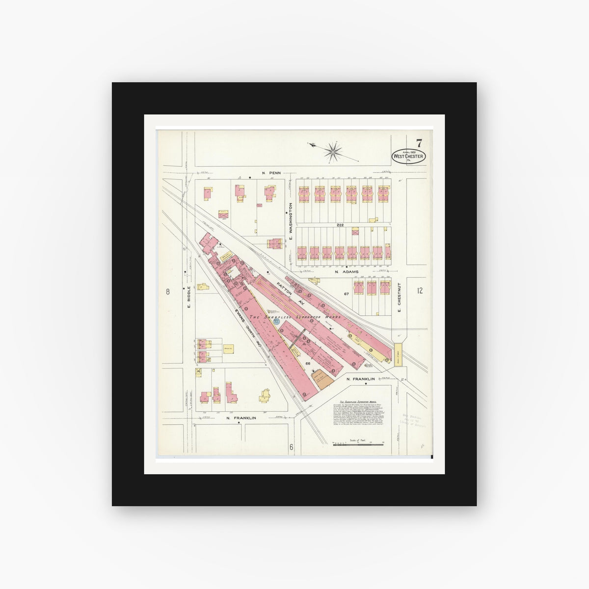 Old map wall art mockup — black gallery frame with white mat — Sanborn Fire Insurance Map from West Chester, Chester County, Pennsylvania (1909), Sheet #0007