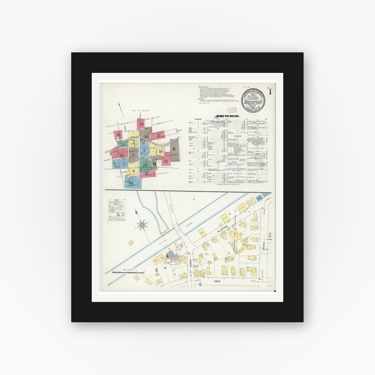 Old map wall art mockup — black gallery frame with white mat — Sanborn Fire Insurance Map from Brockport, Monroe County, New York (1909) - Complete Map Set