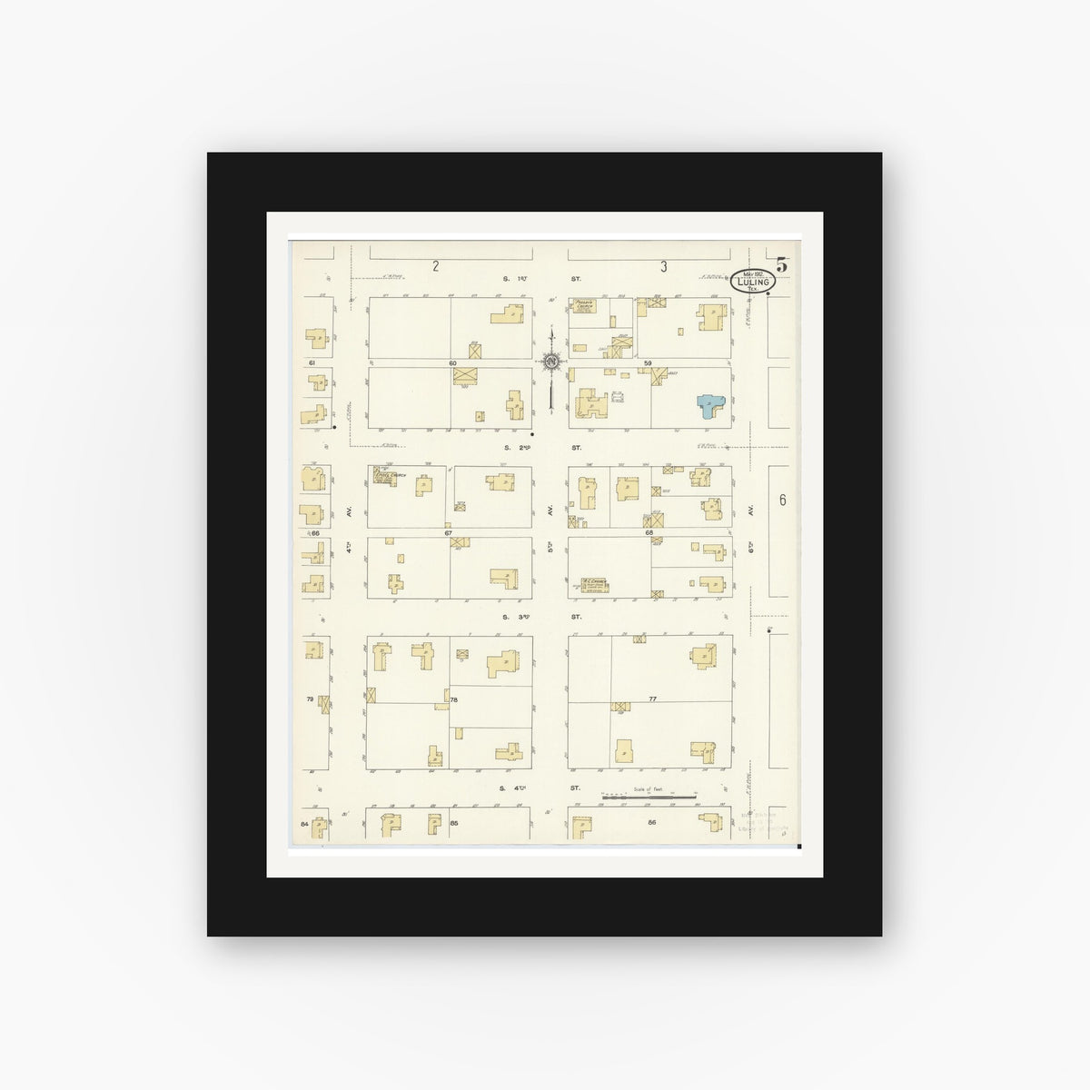 Old map wall art mockup — black gallery frame with white mat — Sanborn Fire Insurance Map from Luling, Caldwell County, Texas (1912), Sheet #0005