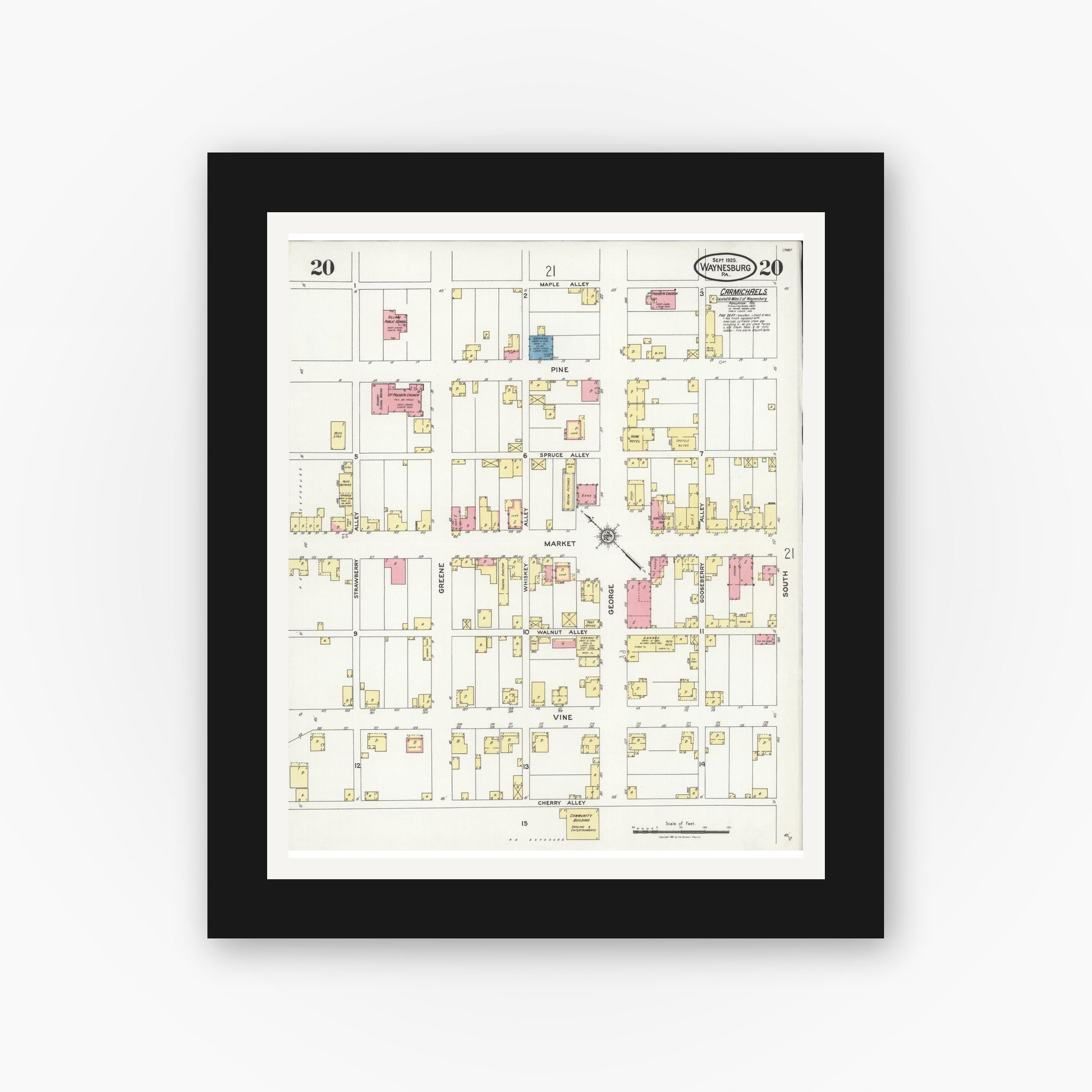 Old map wall art mockup — black gallery frame with white mat — Sanborn Fire Insurance Map from Waynesburg, Greene County, Pennsylvania (1925), Sheet #0020