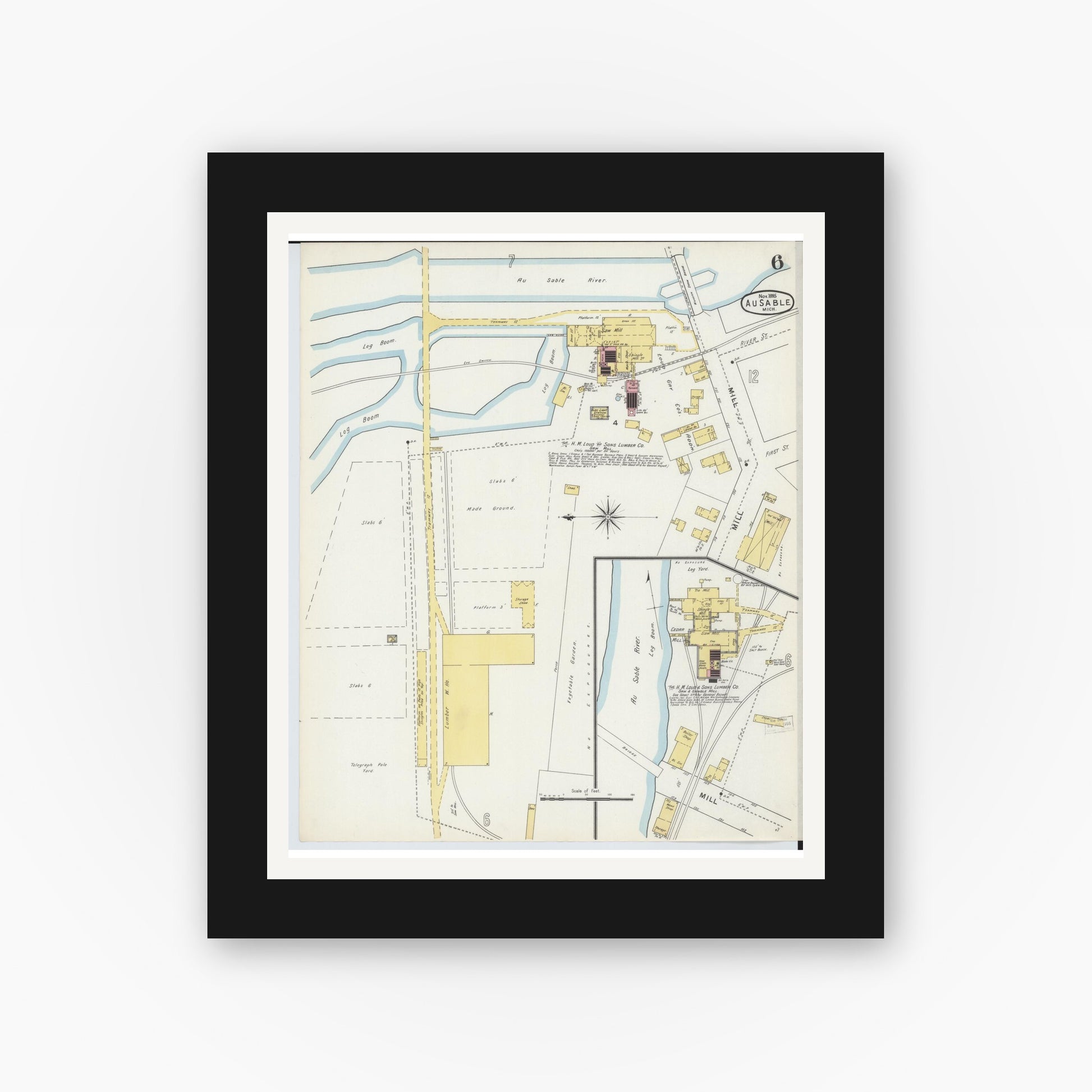 Old map wall art mockup — black gallery frame with white mat — Sanborn Fire Insurance Map from Oscoda, Iosco County, Michigan (1895), Sheet #0006