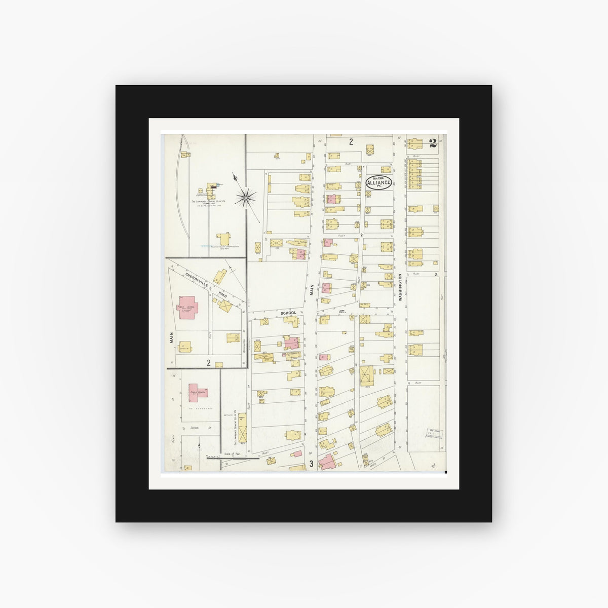 Old map wall art mockup — black gallery frame with white mat — Sanborn Fire Insurance Map from Alliance, Northampton County, Pennsylvania (1904), Sheet #0002