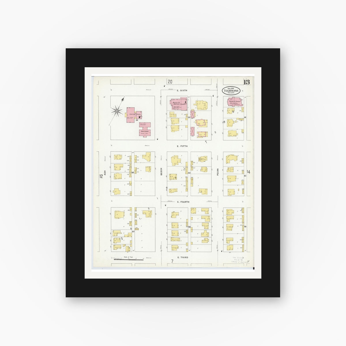 Old map wall art mockup — black gallery frame with white mat — Sanborn Fire Insurance Map from Texarkana, Bowie County, Texas (1909), Sheet #0013
