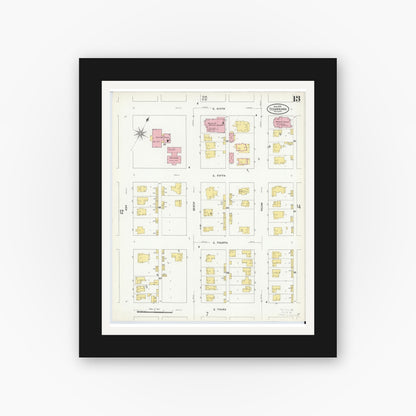 Old map wall art mockup — black gallery frame with white mat — Sanborn Fire Insurance Map from Texarkana, Bowie County, Texas (1909), Sheet #0013