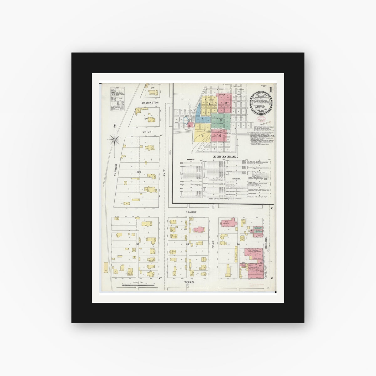 Old map wall art mockup — black gallery frame with white mat — Sanborn Fire Insurance Map from Macon, Macon County, Missouri (1895) - Complete Map Set