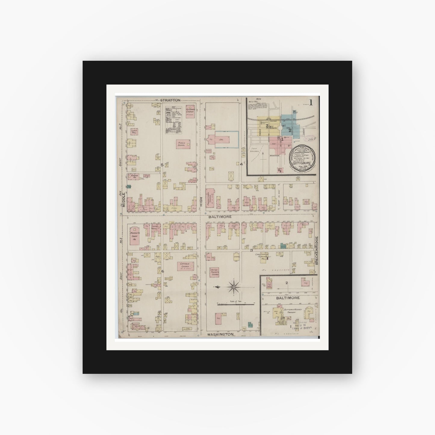 Old map wall art mockup — black gallery frame with white mat — Sanborn Fire Insurance Map from Gettysburg, Adams County, Pennsylvania (1886), Sheet #0001