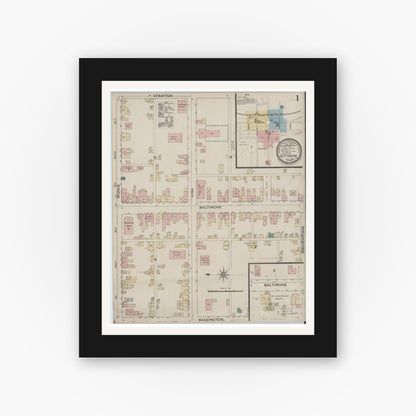 Old map wall art mockup — black gallery frame with white mat — Sanborn Fire Insurance Map from Gettysburg, Adams County, Pennsylvania (1886), Sheet #0001