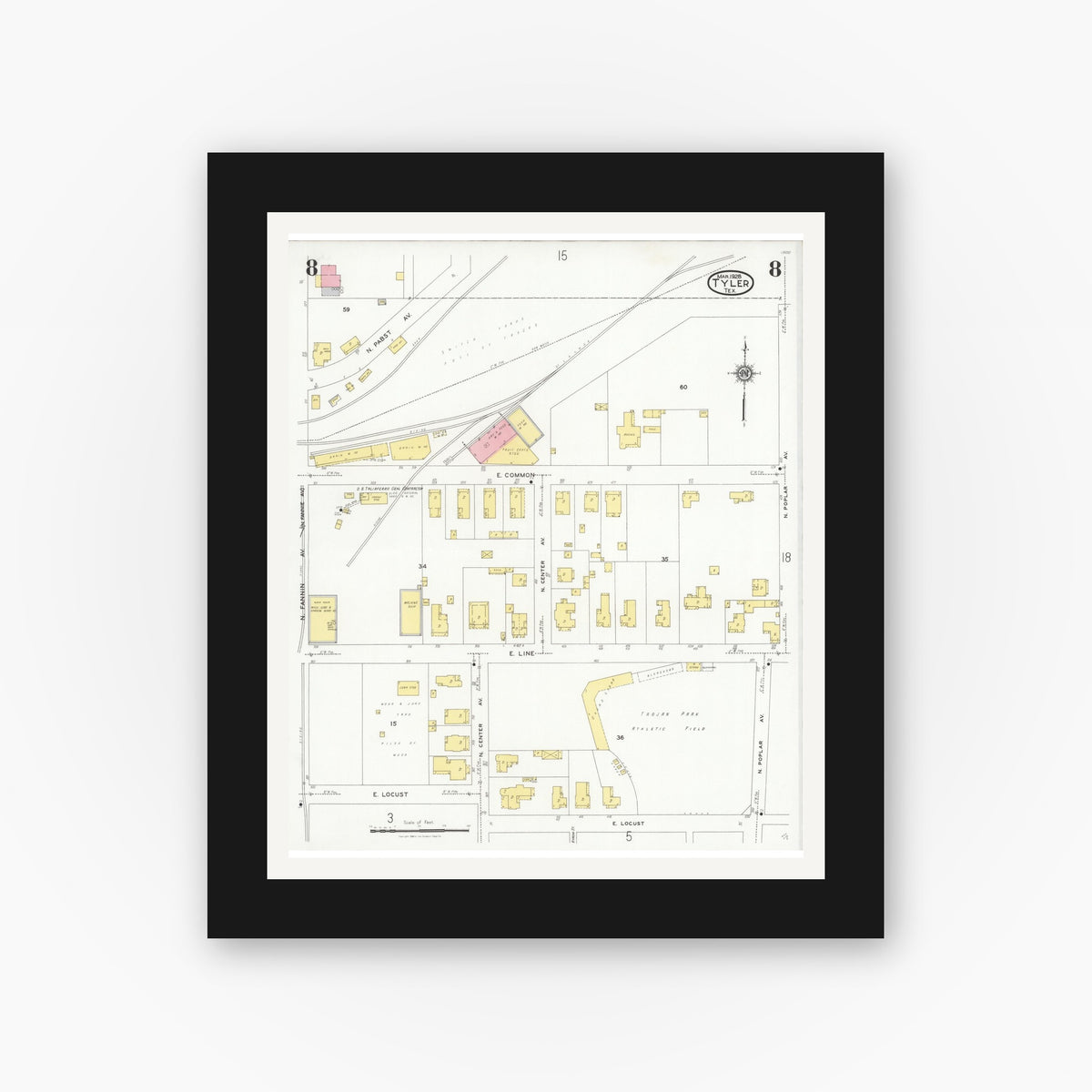 Old map wall art mockup — black gallery frame with white mat — Sanborn Fire Insurance Map from Tyler, Smith County, Texas (1928), Sheet #0008