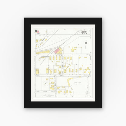 Old map wall art mockup — black gallery frame with white mat — Sanborn Fire Insurance Map from Tyler, Smith County, Texas (1928), Sheet #0008
