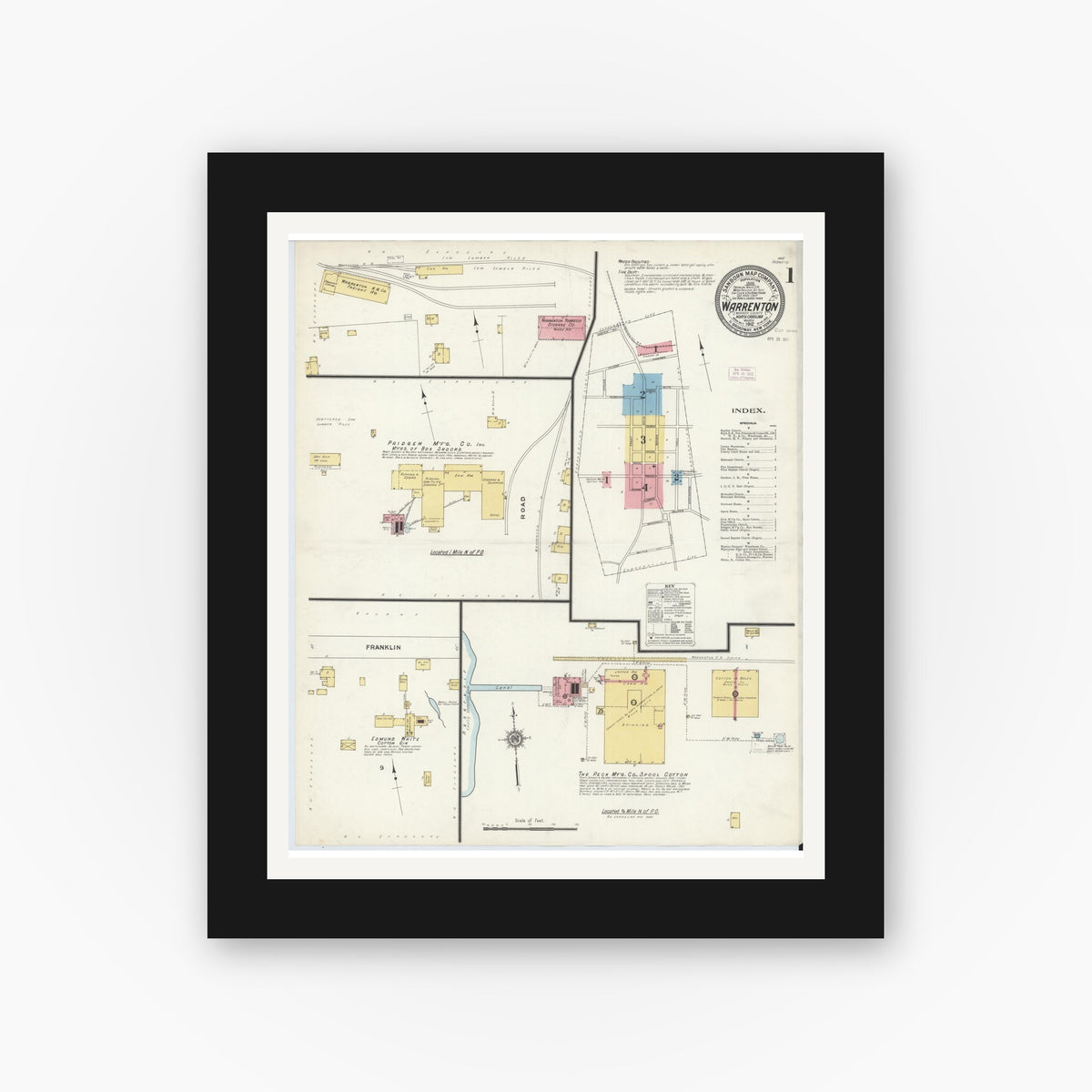 Old map wall art mockup — black gallery frame with white mat — Sanborn Fire Insurance Map from Warrenton, Warren County, North Carolina (1912) - Complete Map Set