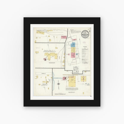 Old map wall art mockup — black gallery frame with white mat — Sanborn Fire Insurance Map from Warrenton, Warren County, North Carolina (1912) - Complete Map Set