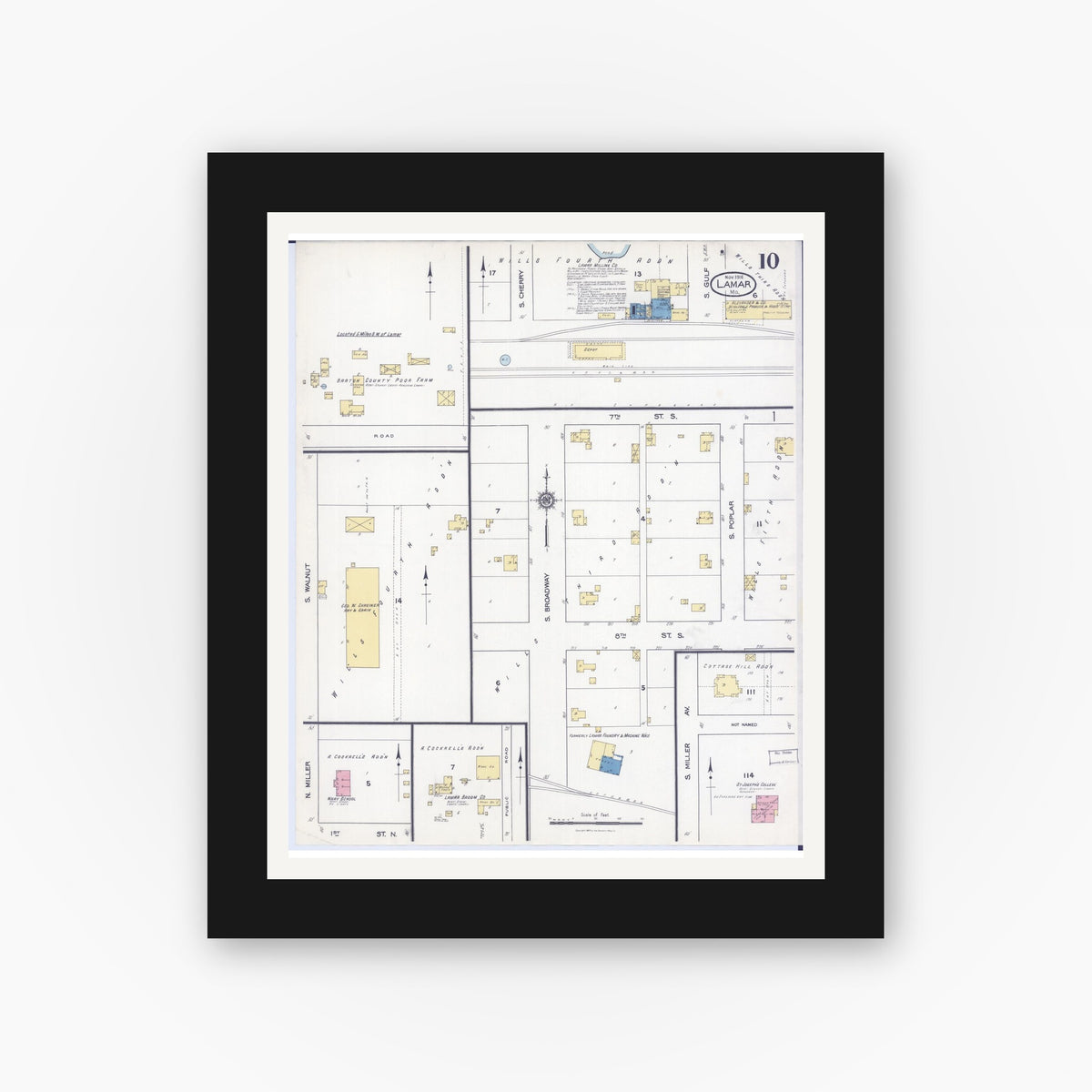 Old map wall art mockup — black gallery frame with white mat — Sanborn Fire Insurance Map from Lamar, Barton County, Missouri (1916), Sheet #0010