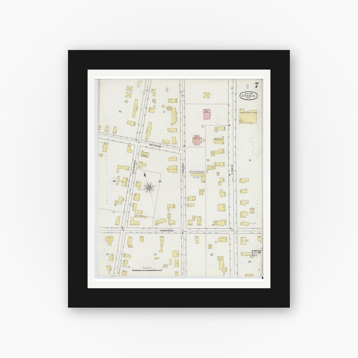 Old map wall art mockup — black gallery frame with white mat — Sanborn Fire Insurance Map from Orange, Franklin County, Massachusetts (1895), Sheet #0007