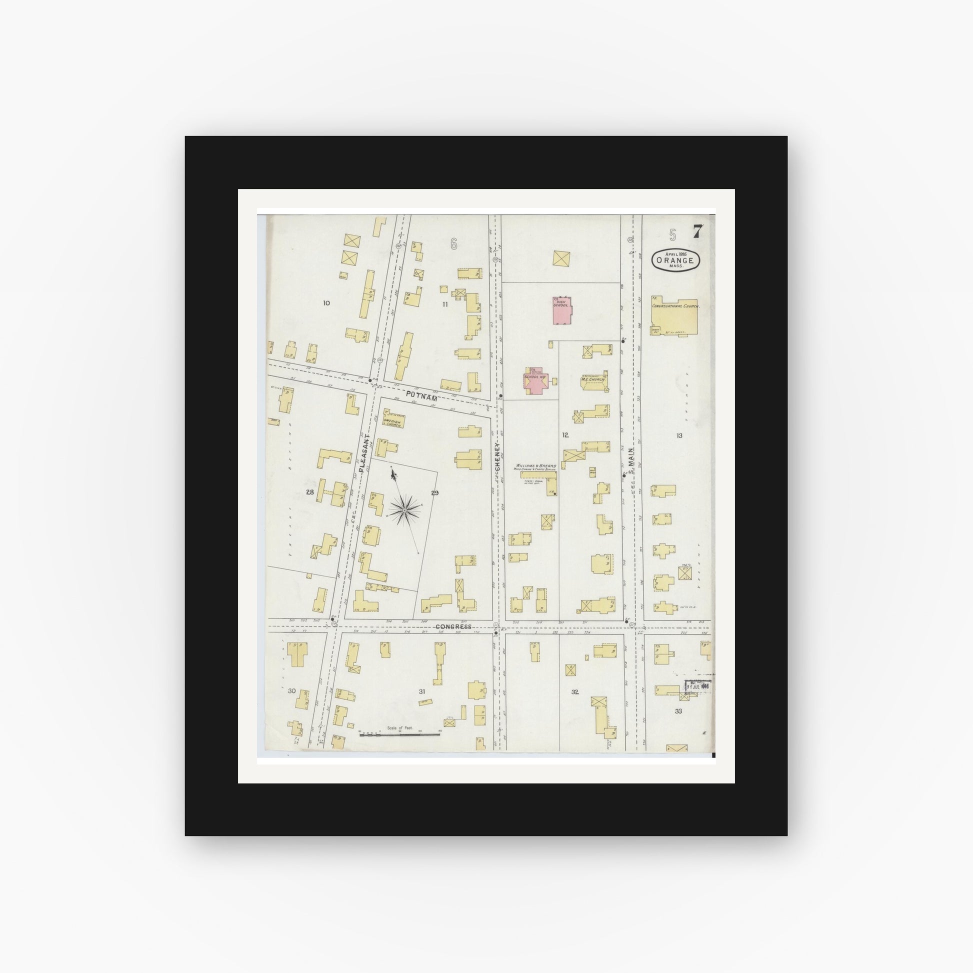 Old map wall art mockup — black gallery frame with white mat — Sanborn Fire Insurance Map from Orange, Franklin County, Massachusetts (1895), Sheet #0007