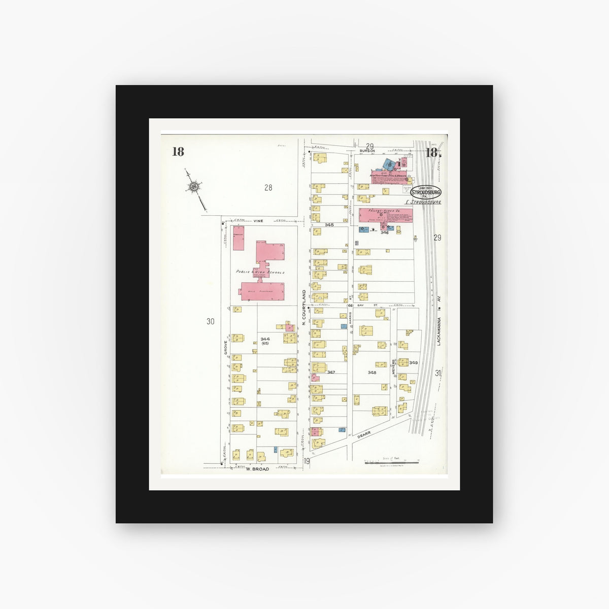 Old map wall art mockup — black gallery frame with white mat — Sanborn Fire Insurance Map from Stroudsburg, Monroe County, Pennsylvania (1923), Sheet #0018