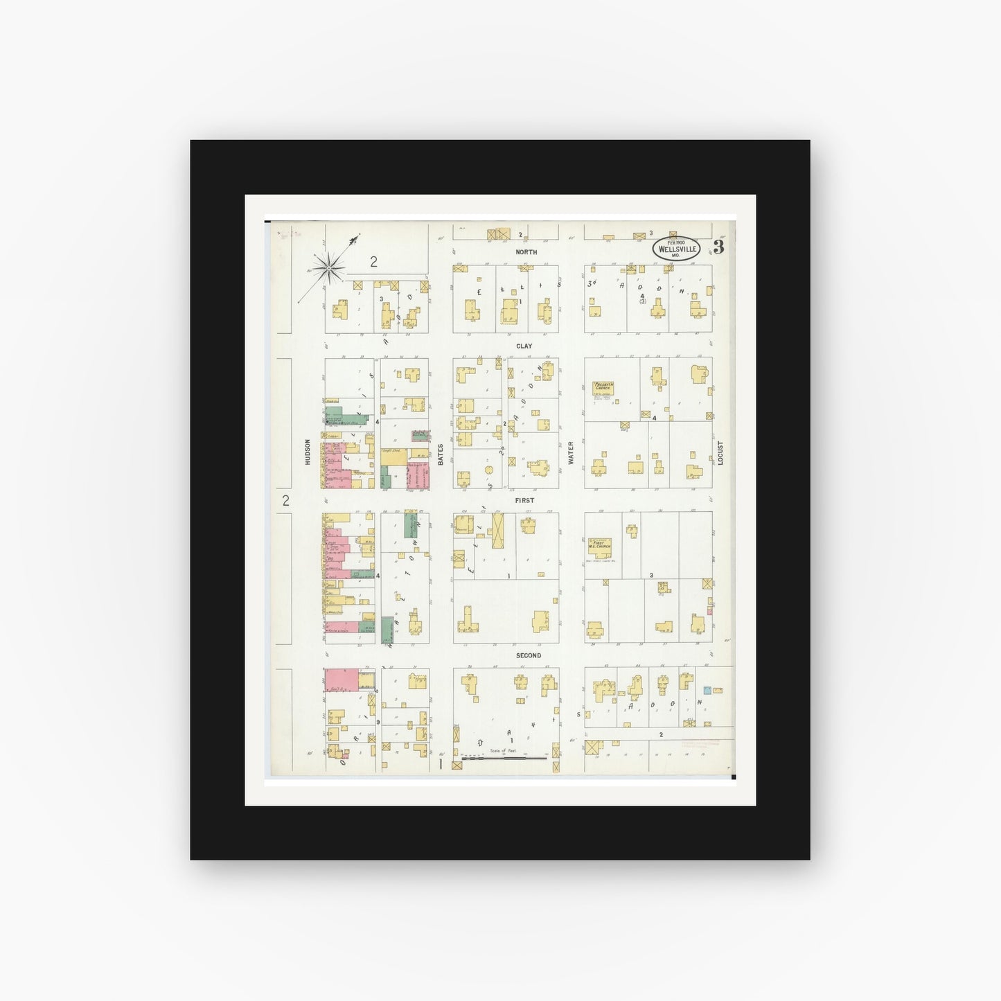 Old map wall art mockup — black gallery frame with white mat — Sanborn Fire Insurance Map from Wellsville, Montgomery County, Missouri (1900), Sheet #0003