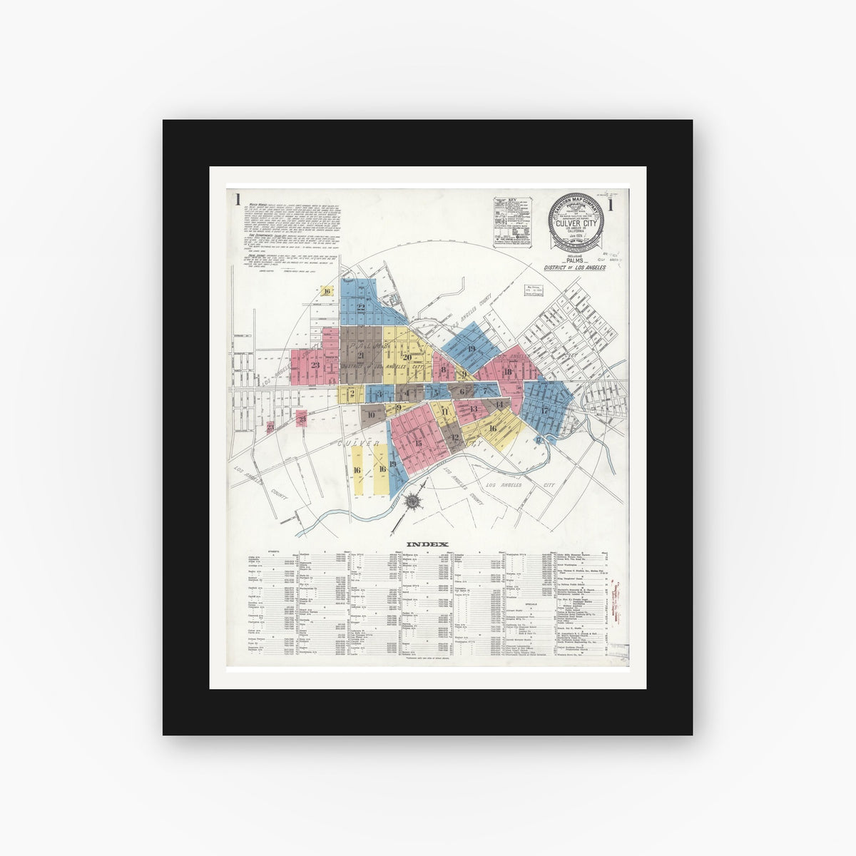 Old map wall art mockup — black gallery frame with white mat — Sanborn Fire Insurance Map from Culver City, Los Angeles County, California (1924), Sheet #0001