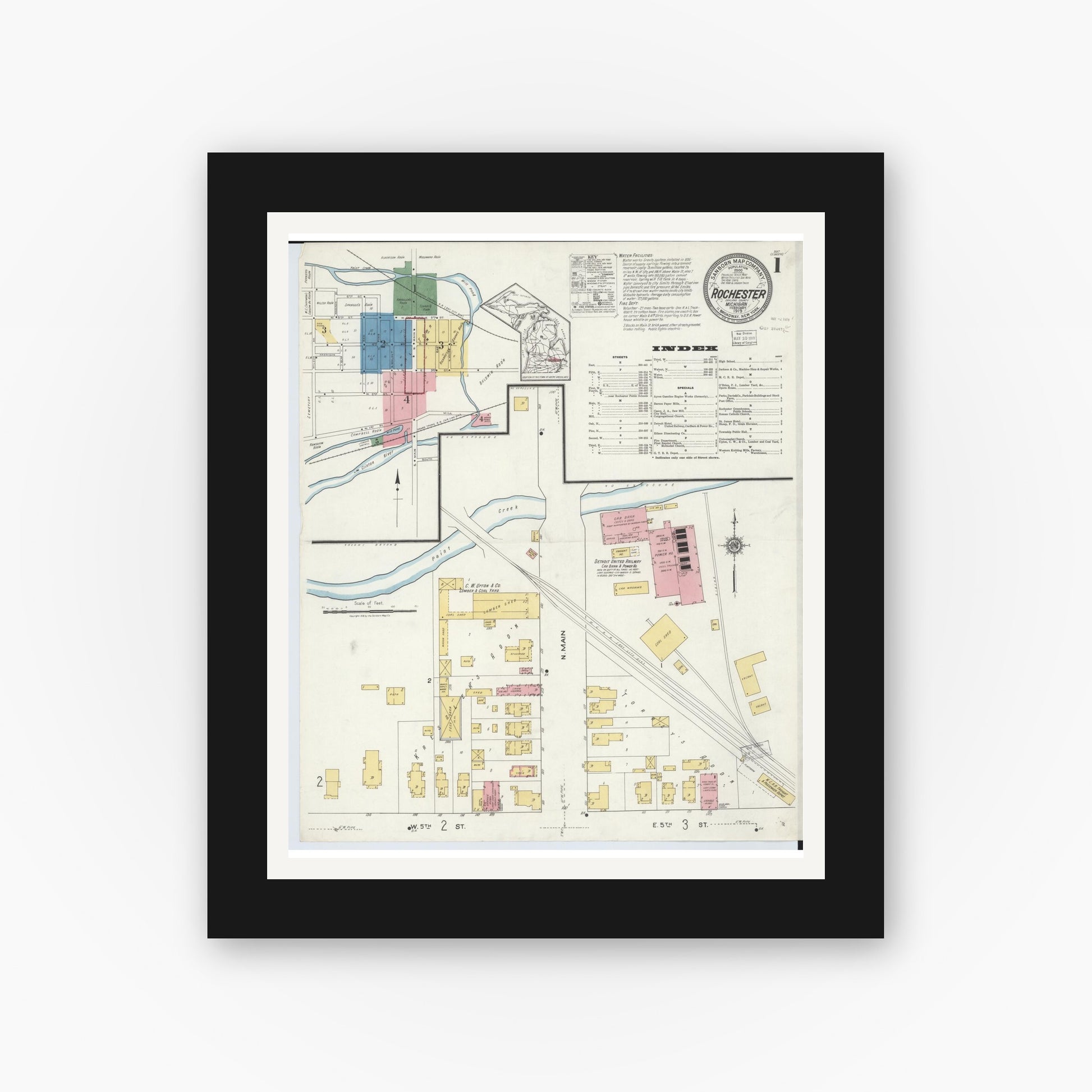 Old map wall art mockup — black gallery frame with white mat — Sanborn Fire Insurance Map from Rochester, Oakland County, Michigan (1919) - Complete Map Set